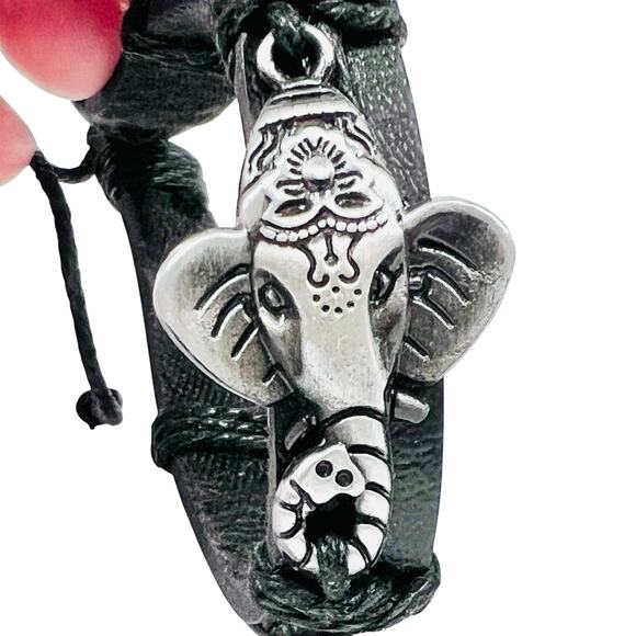 Indian Elephant Bracelet Leather Adjustable Silver Tone Black New - Picture 3 of 5